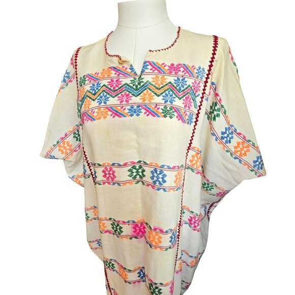 Handmade Guatemalan Huipil Multi-Color Embroidered Cotton Poncho Dress CM2052 - Picture 2 of 15